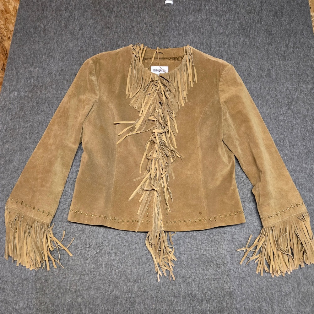The Last Best Place Fringe Suede Leather Jacket Women Small Brown Studs